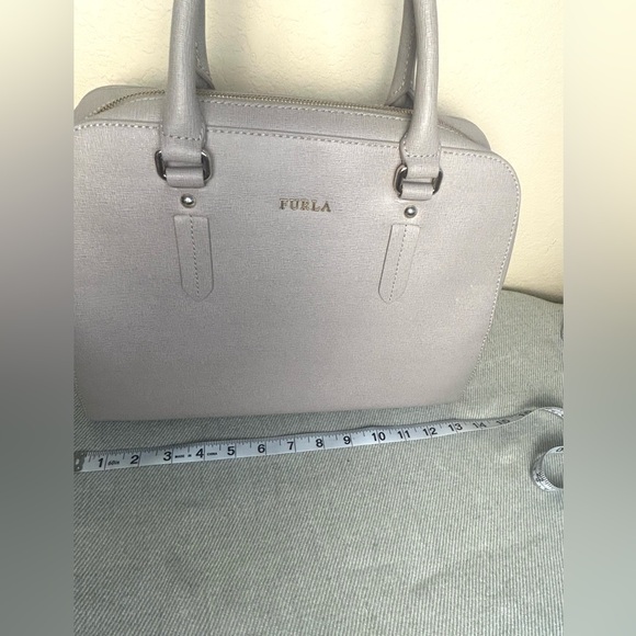 Furla Elena Satchel Hand Carry Bag Gray Saffiano Leather Shoulder Strap EUC - Picture 11 of 13